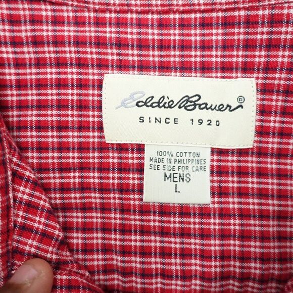 Eddie Bauer Shirt Mens Large Red Check Cotton Short Sleeve Classic Button-Down - Picture 4 of 6